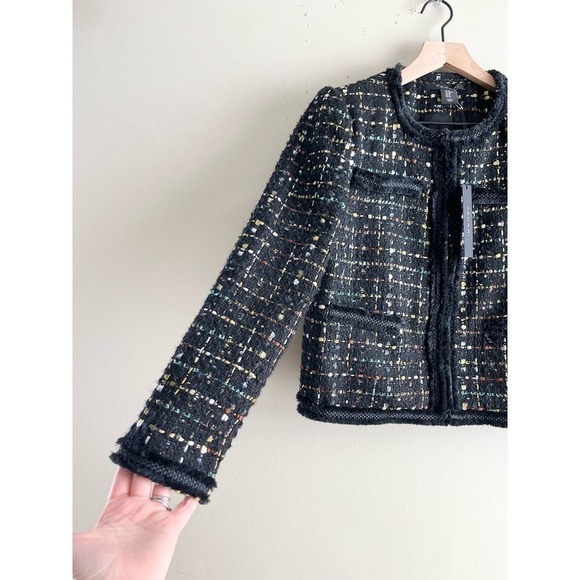 NWT Tahari Metallic Thread Tweed Fringe-Trim Blazer Jacket in Black,‎ XS - Picture 7 of 12